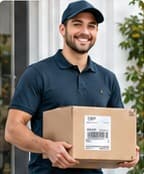 A courier in an unbranded shirt holding a labeled parcel