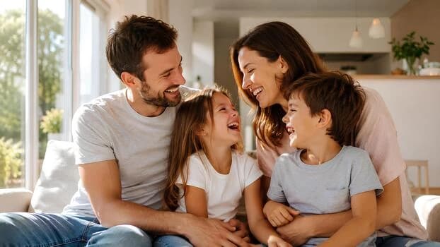A family laughing together on the sofa