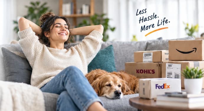 Returns lifestyle concept: relaxing at home beside a dog and labeled parcels. Less hassle. More life.